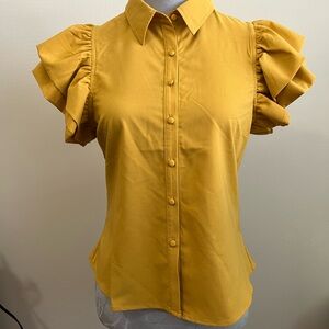 Yellow Puff Sleeve Ruffled Blouse